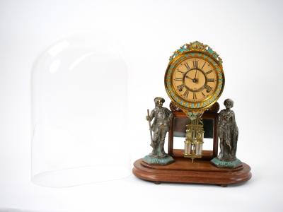Glass Dome Bronze Wood Base Porcelain Face Mantel Clock