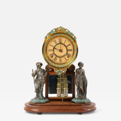 Glass Dome Bronze Wood Base Porcelain Face Mantel Clock