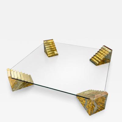 Glass Sculptural Coffee Table with Stepped Pedestal Bases