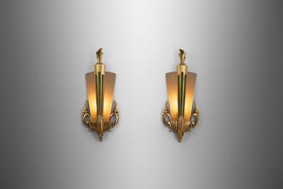 Glass and Gilt Wood Wall Lights by Broman Europe Early 20th Century