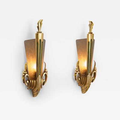 Glass and Gilt Wood Wall Lights by Broman Europe Early 20th Century
