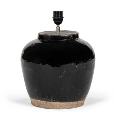 Glazed Black Lamp with Natural Color Linen Shade