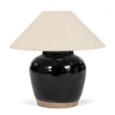Glazed Black Lamp with Natural Color Linen Shade