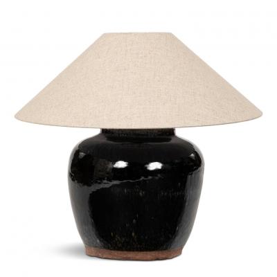 Glazed Black Lamp with Natural Color Linen Shade