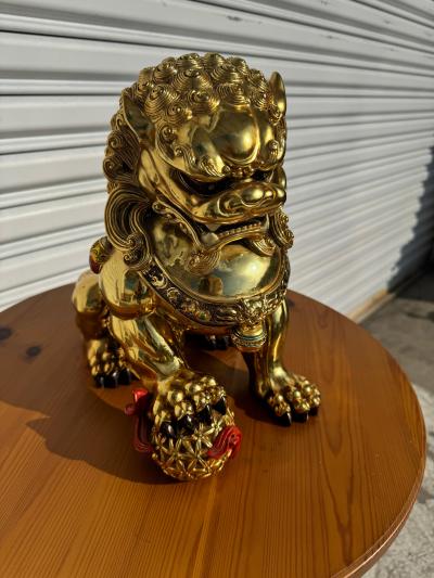 Gold Coated Foo Lion with Paw on Red Ball