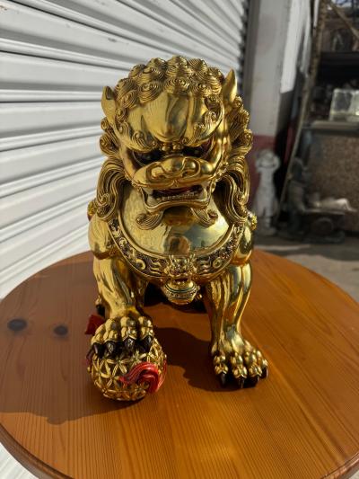 Gold Coated Foo Lion with Paw on Red Ball