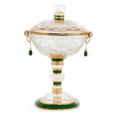 Gold Diamond and Enamel Mounted Rock Crystal Cup and Cover