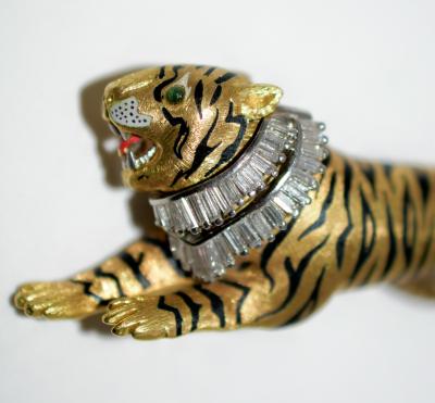 Gold Diamond and Enamel Tiger Brooch