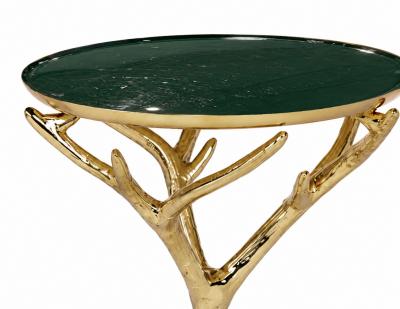Gold Faux Tree Branch Drinks Table with Removable Forest Green Enamel Tray Top