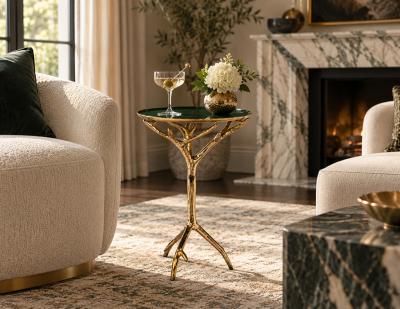 Gold Faux Tree Branch Drinks Table with Removable Forest Green Enamel Tray Top
