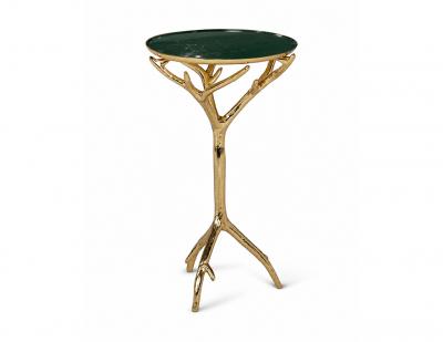 Gold Faux Tree Branch Drinks Table with Removable Forest Green Enamel Tray Top