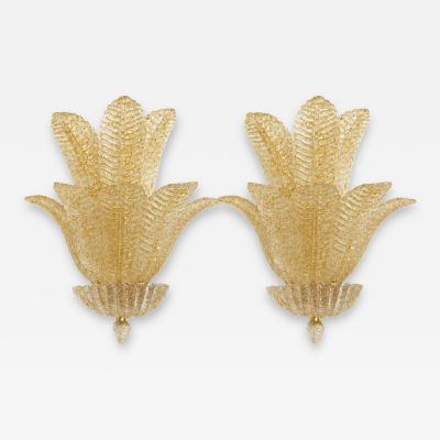 Gold Graniglia Leaf Murano Glass Wall Sconces in Venetian Style a Pair