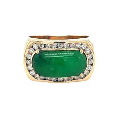 Gold Horizontally Set Wide Jadeite Jade and Channel Set Diamond Halo Ring