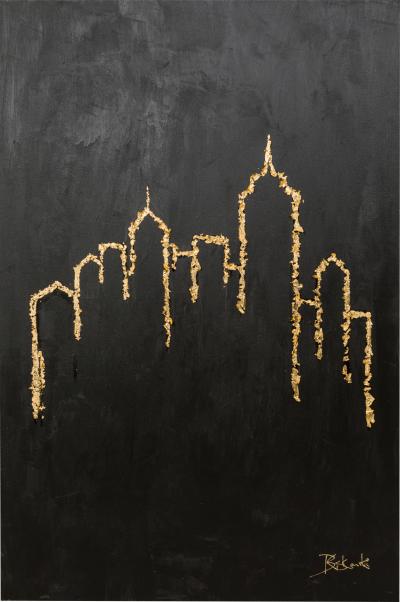 Gold Leaf And Black Acrylic Abstract New York Skyline Painting On Canvas