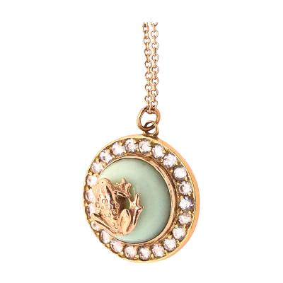 Gold Necklace Diamond Encrusted Pendant Center Stone with Gold Frog 18KT