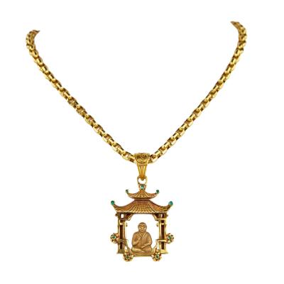 Gold Necklace With A Pagoda Pendant Featuring A Meditating Buddha 