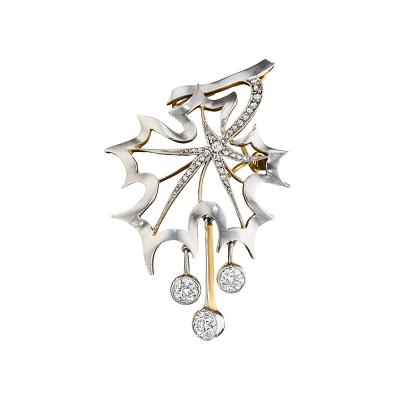 Gold and Platinum Maple Leaf Brooch with Diamonds