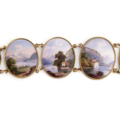 Gold bracelet with painted enamel plaques portraying the Alps