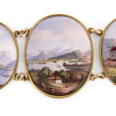 Gold bracelet with painted enamel plaques portraying the Alps