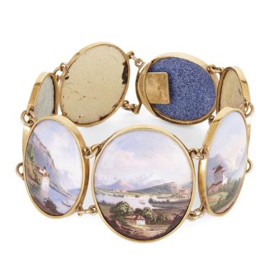 Gold bracelet with painted enamel plaques portraying the Alps