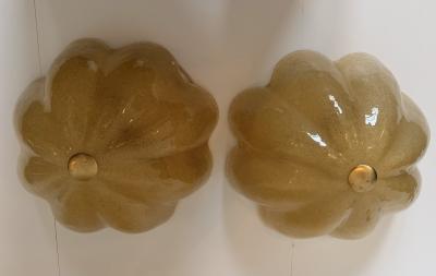 Golden Murano Glass Floral Flush Lamps 1980s