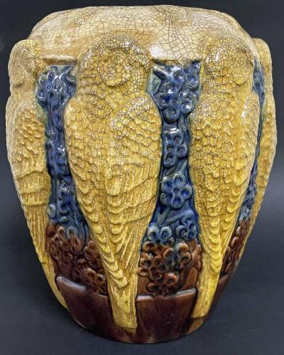 Golden Parakeets Large Rare Art Deco Vase in Gold Ivory and Deep Blue