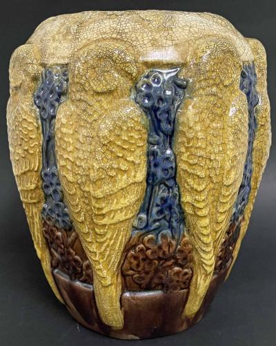 Golden Parakeets Large Rare Art Deco Vase in Gold Ivory and Deep Blue