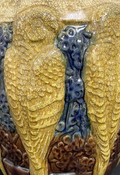 Golden Parakeets Large Rare Art Deco Vase in Gold Ivory and Deep Blue