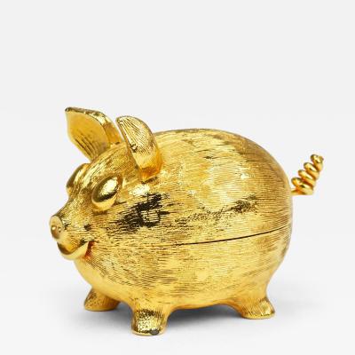 Golden Pig Shaped Salt Cellar Snuff or Pill Box With Curly Tail as Spoon 1970s