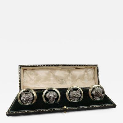 Goldsmiths Silversmiths Co Set of 4 English Sterling Silver Fox Hound Place Card Holders 1911