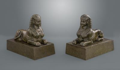 Good Pair of Verdigris Patinated Metal Grand Tour Sphynx