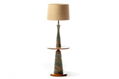 Gordon Jane Martz Gordon Jane Martz Glazed Brown Gray Ceramic Walnut Floor Lamp circa 1955