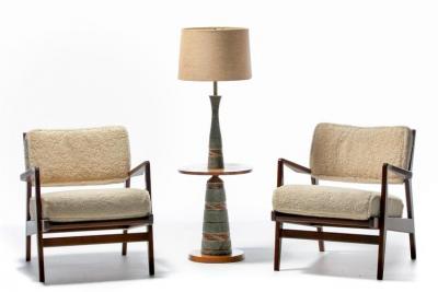 Gordon Jane Martz Gordon Jane Martz Glazed Brown Gray Ceramic Walnut Floor Lamp circa 1955