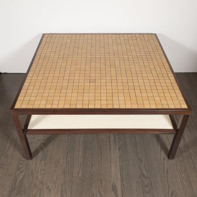 Gordon Martz Mid Century Modern Tile Lacquered Linen Hand Rubbed Walnut Cocktail Table