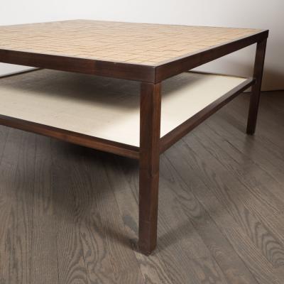 Gordon Martz Mid Century Modern Tile Lacquered Linen Hand Rubbed Walnut Cocktail Table