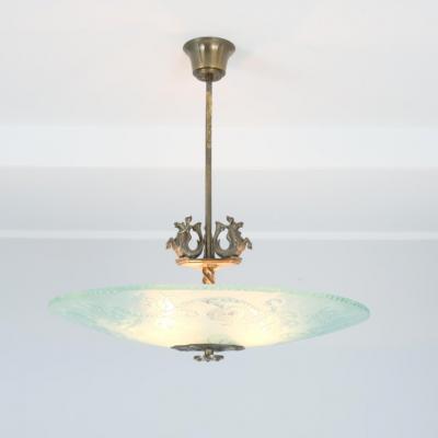 Gorgeous Art Deco Pendant in Brass and Blue Frosted Glass Swedish Grace 1930s