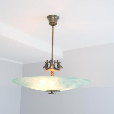Gorgeous Art Deco Pendant in Brass and Blue Frosted Glass Swedish Grace 1930s