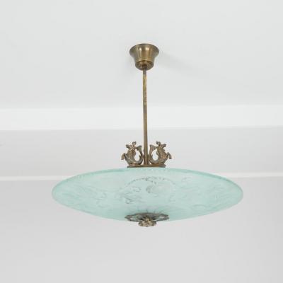 Gorgeous Art Deco Pendant in Brass and Blue Frosted Glass Swedish Grace 1930s