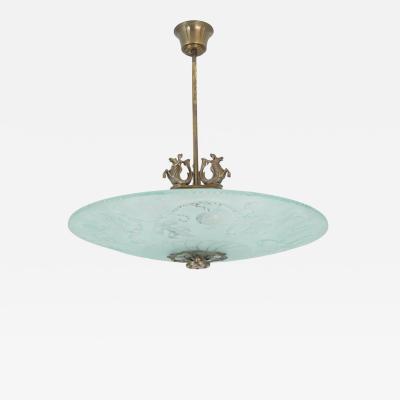Gorgeous Art Deco Pendant in Brass and Blue Frosted Glass Swedish Grace 1930s