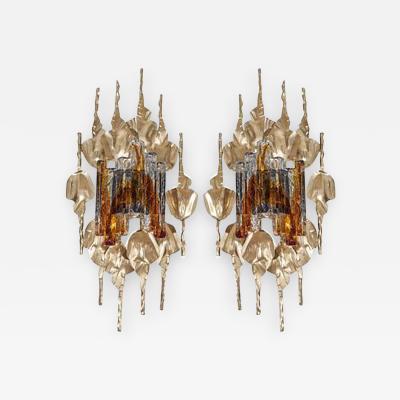 Gorgeous Brutalist Pair of Murano Glass Gilt Metal Wall Sconces