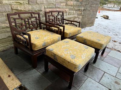 Gorgeous Pair Chinoiserie Rosewood Ottoman Stool Mid Century