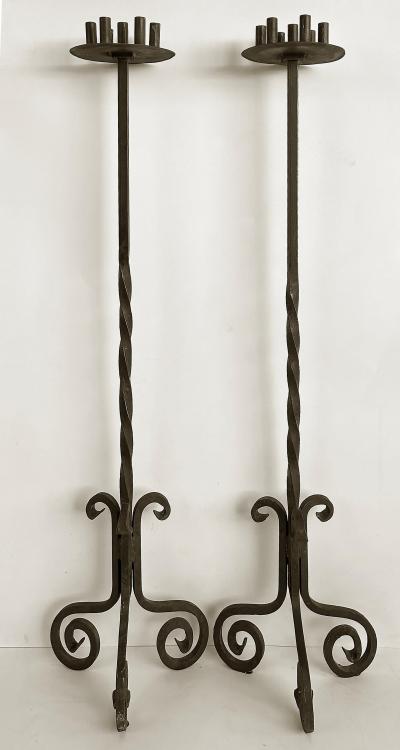 Gothic Wrought Iron Candelabras For Seven Candles Twisted Stems Tripod Bases