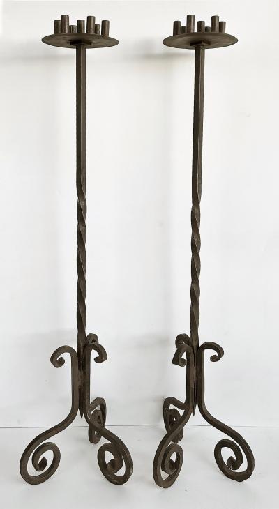 Gothic Wrought Iron Candelabras For Seven Candles Twisted Stems Tripod Bases