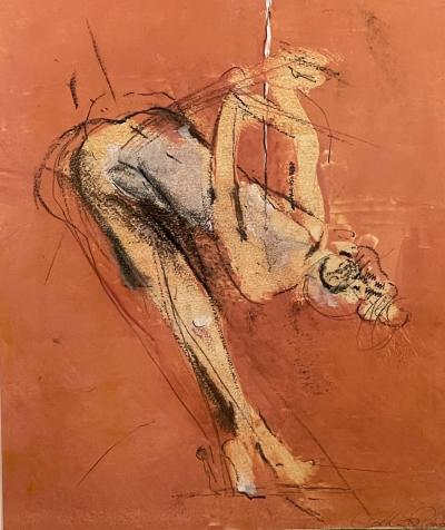 Gouache charcoal and pastel on paper mid century drawing of a ballerina