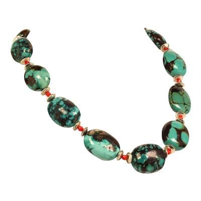 Graduated Hubei Turquoise Nugget Necklace with orange and silver accents