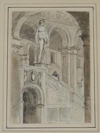 Grand Tour Charcoal and Watercolor Architectural Drawing