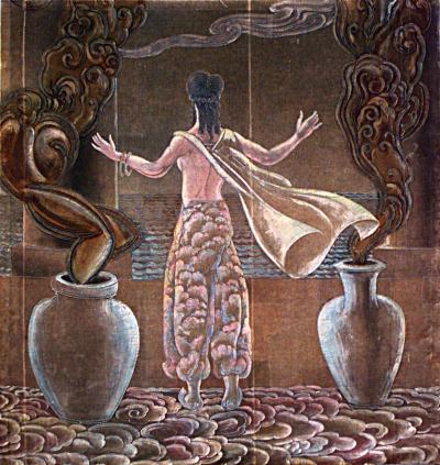 Grant Simon American Art Deco Vertical Painted Velvet Wall Hanging