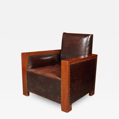 Graphic French Art Deco Walnut and Leather Club Chair