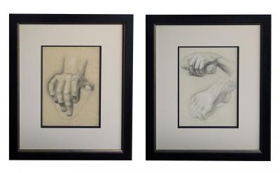 Graphite on paper two artist studies of hands and extended foot