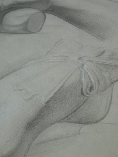 Graphite on paper two artist studies of hands and extended foot